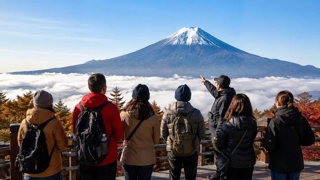 From the 5th Station you look down at the cloud sea and up at the summit slope — the full cone of Fuji only exists from below