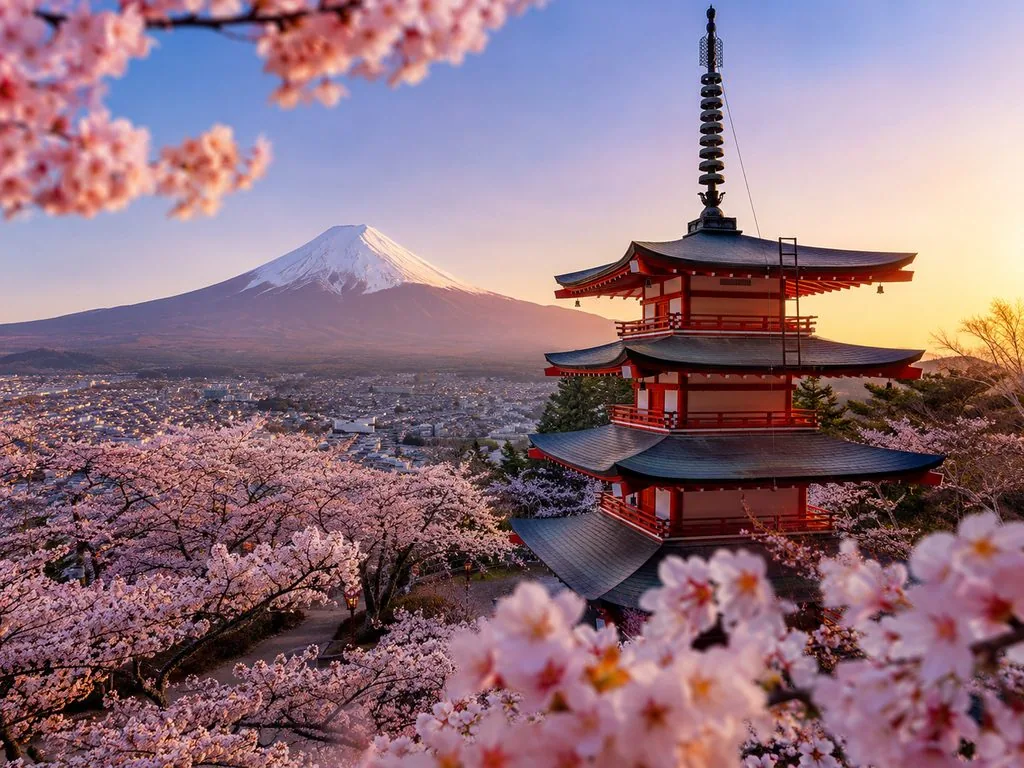 The Chureito Pagoda at Arakurayama Sengen Park with Mount Fuji behind